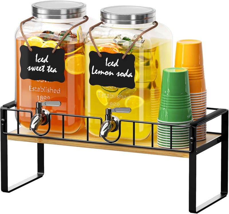 Zuyachuza 2-pack 1 Gallon Drink Dispenser,Glass Beverage Dispenser with Spigot,Lemonade dispenser Bamboo Stand for Outside, Glass Drink Dispensers for Parties with Ice Core - Image 1